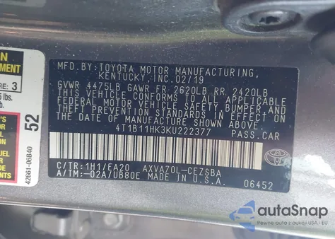 2019 Toyota Camry Se from USA, damaged, VIN 4T1B11HK3KU222377